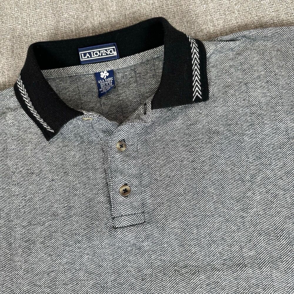 LA Loving Vintage Y2K Polo Shirt Mens L Gray Birdseye Knit Hi-Low Hem USA